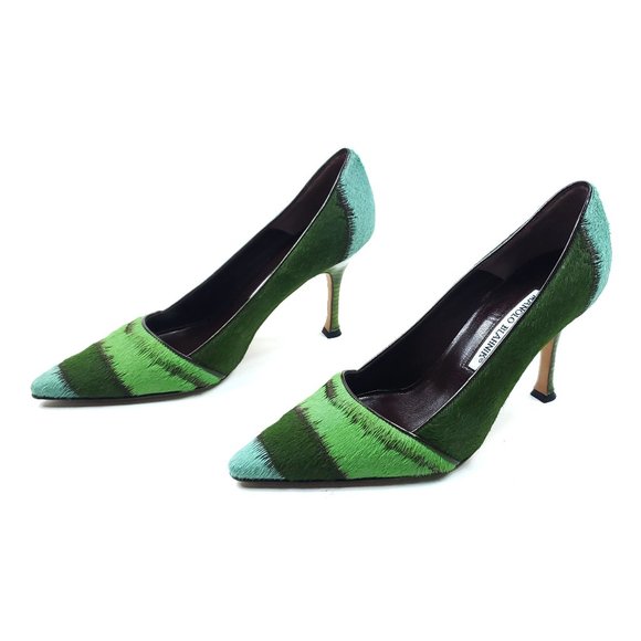 Manolo Blahnik Green Striped Animal Fur Pumps Heel - Picture 2 of 8